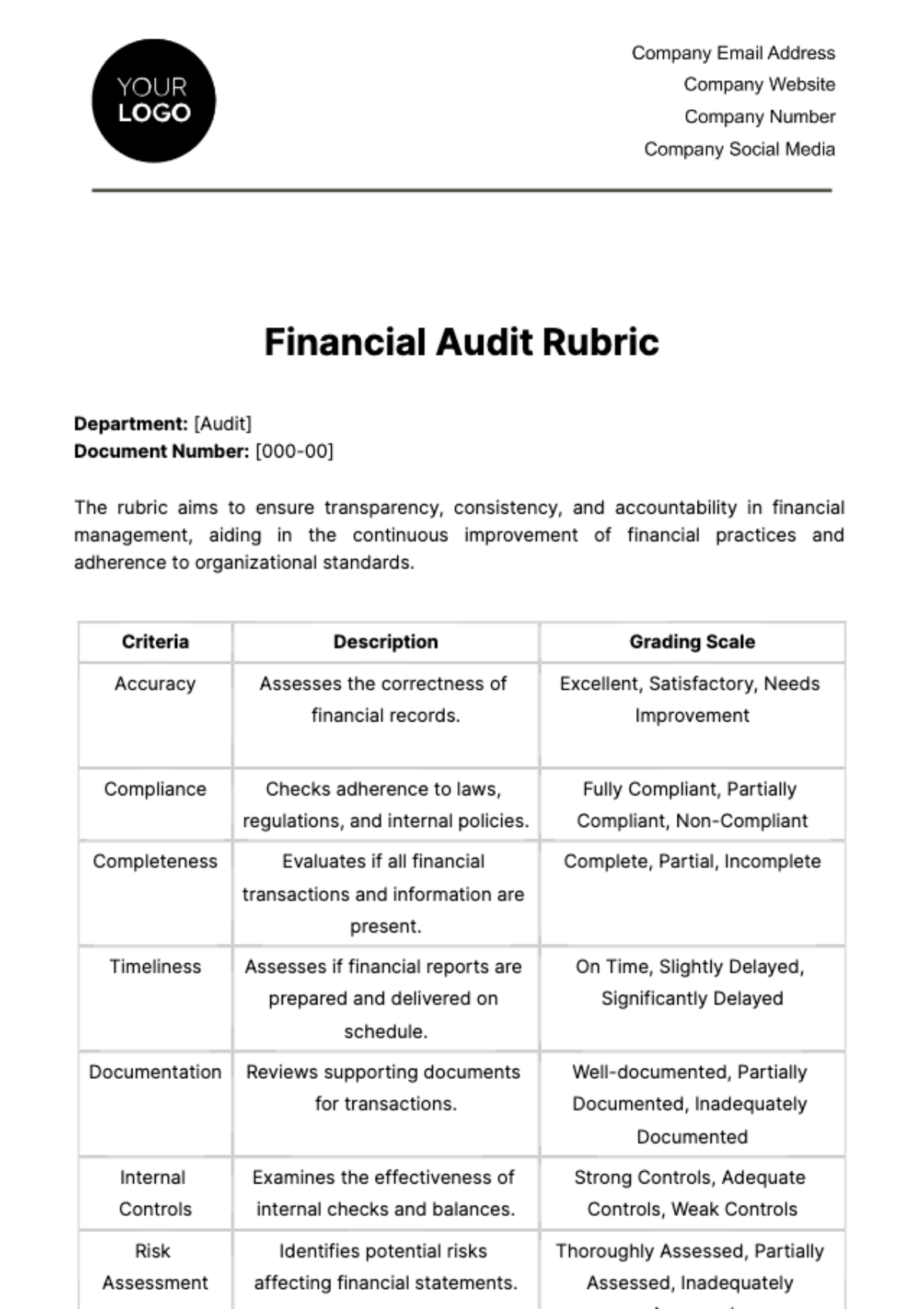 Free Financial Audit Rubric Template