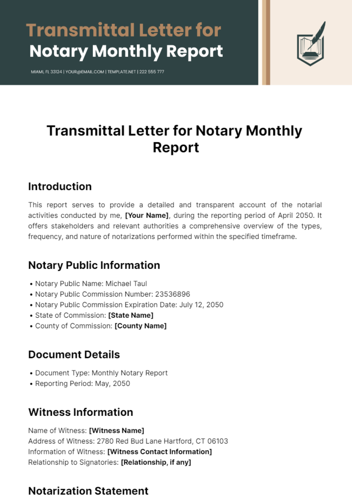 Free  Transmittal Letter for Notary Monthly Report Template