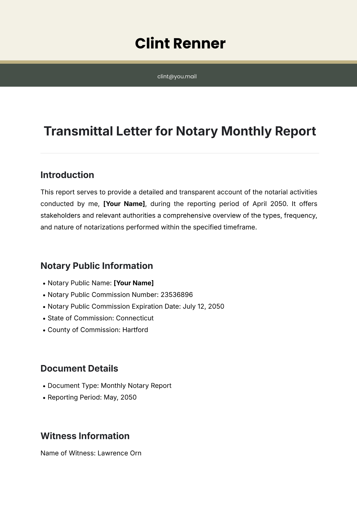 Free Transmittal Letter for Notary Monthly Report Template