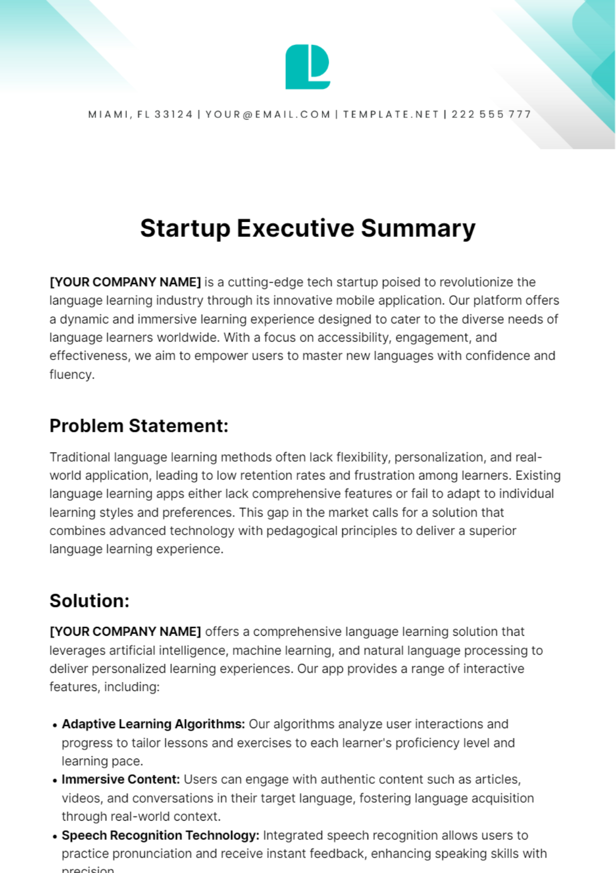 Startup Executive Summary Template