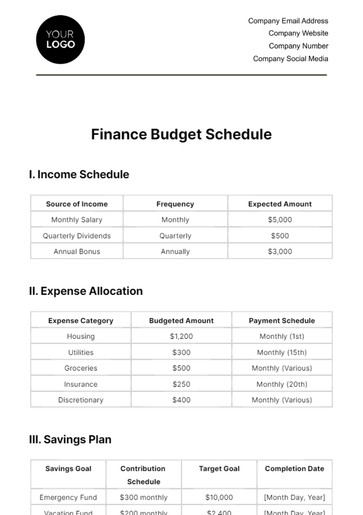 Free Finance Budget Schedule Template