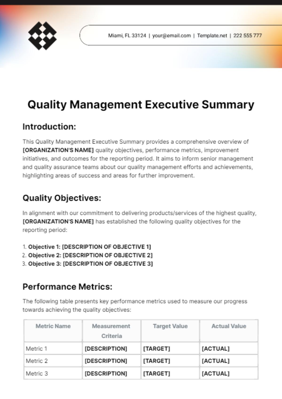 Quality Management Executive Summary Template