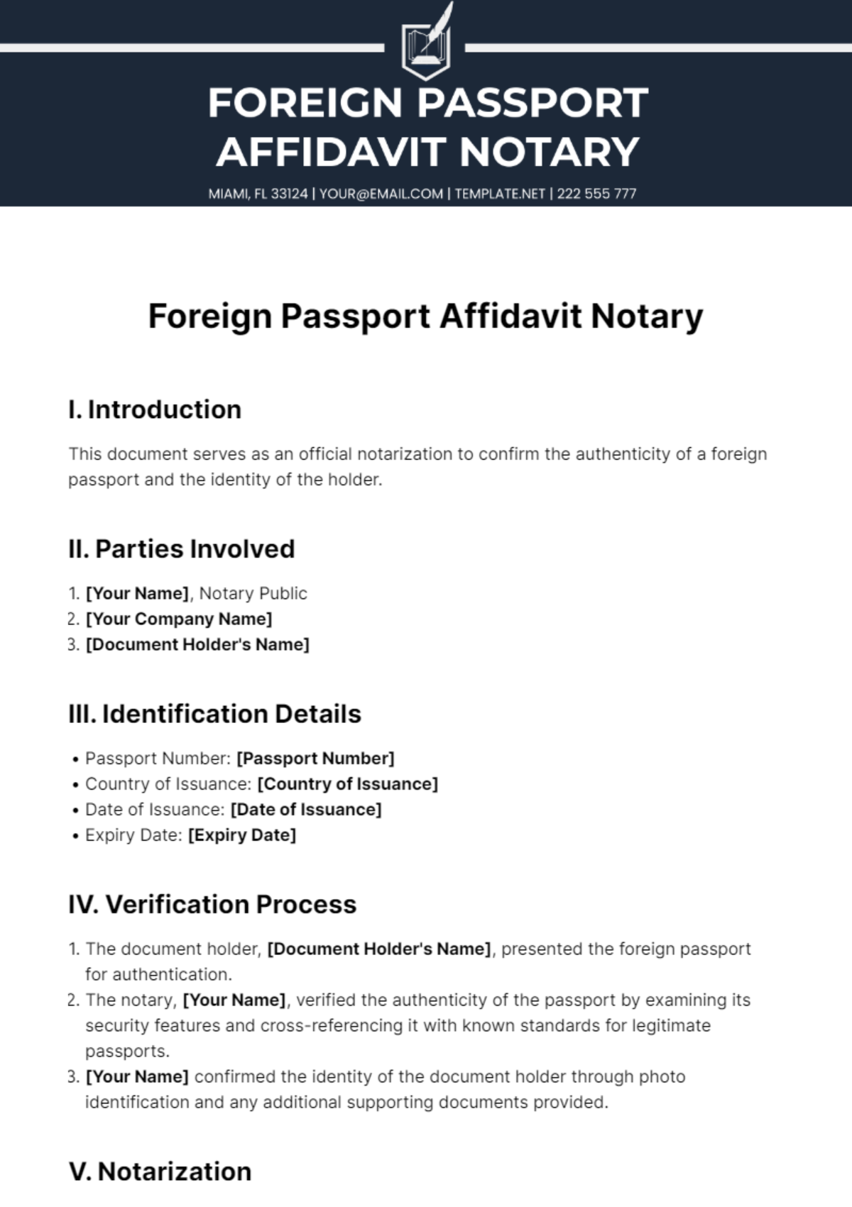 Foreign Passport Affidavit Notary Template