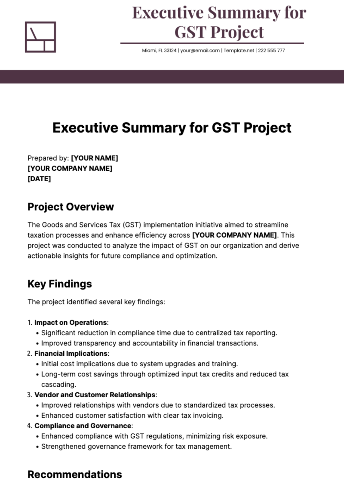 Executive Summary for GST Project Template - Edit Online & Download