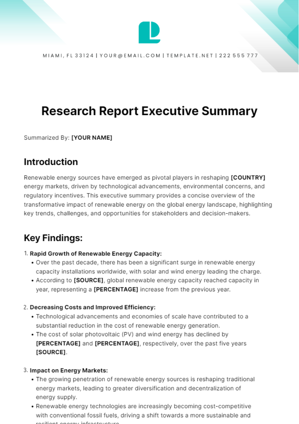 Research Report Executive Summary Template