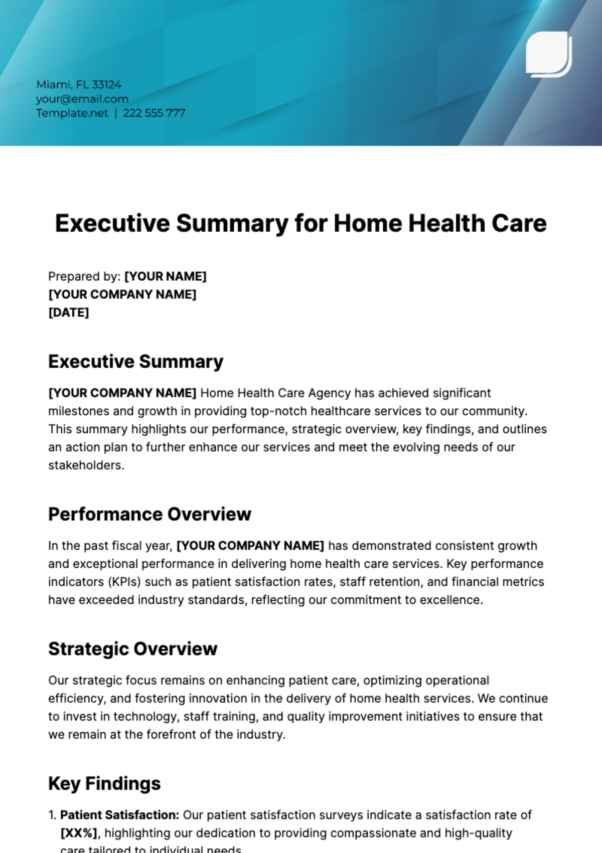 Executive Summary for Home Health Care Template - Edit Online & Download