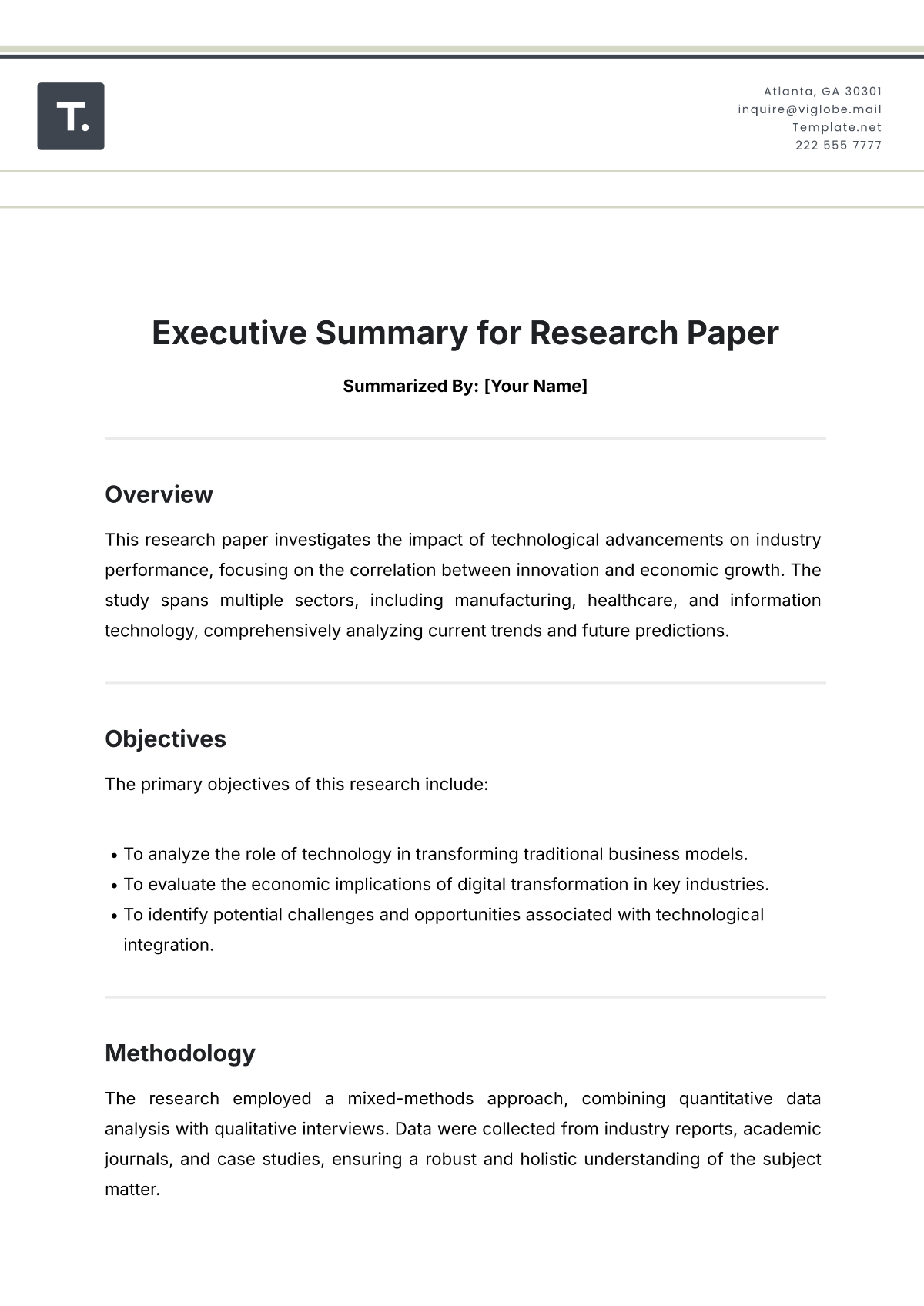 Executive Summary For Research Paper Template - Edit Online & Download