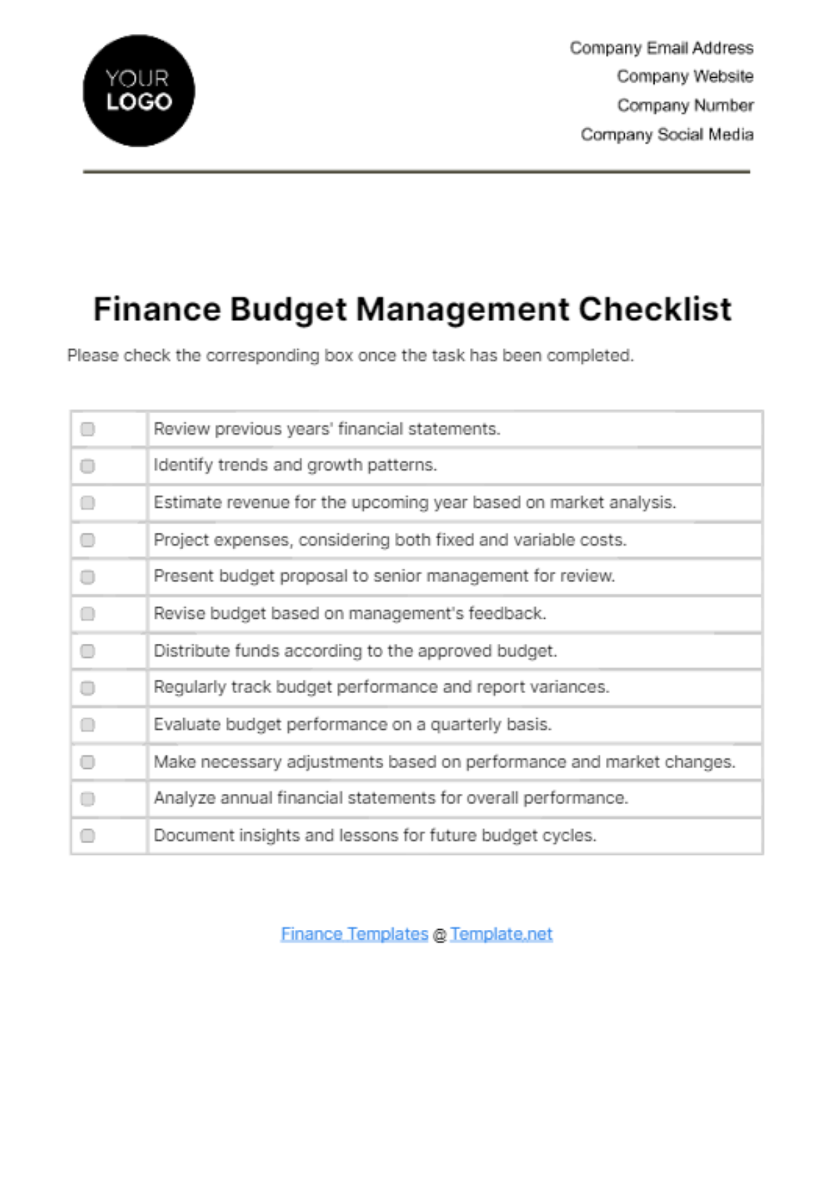 Free Finance Budget Management Checklist Template