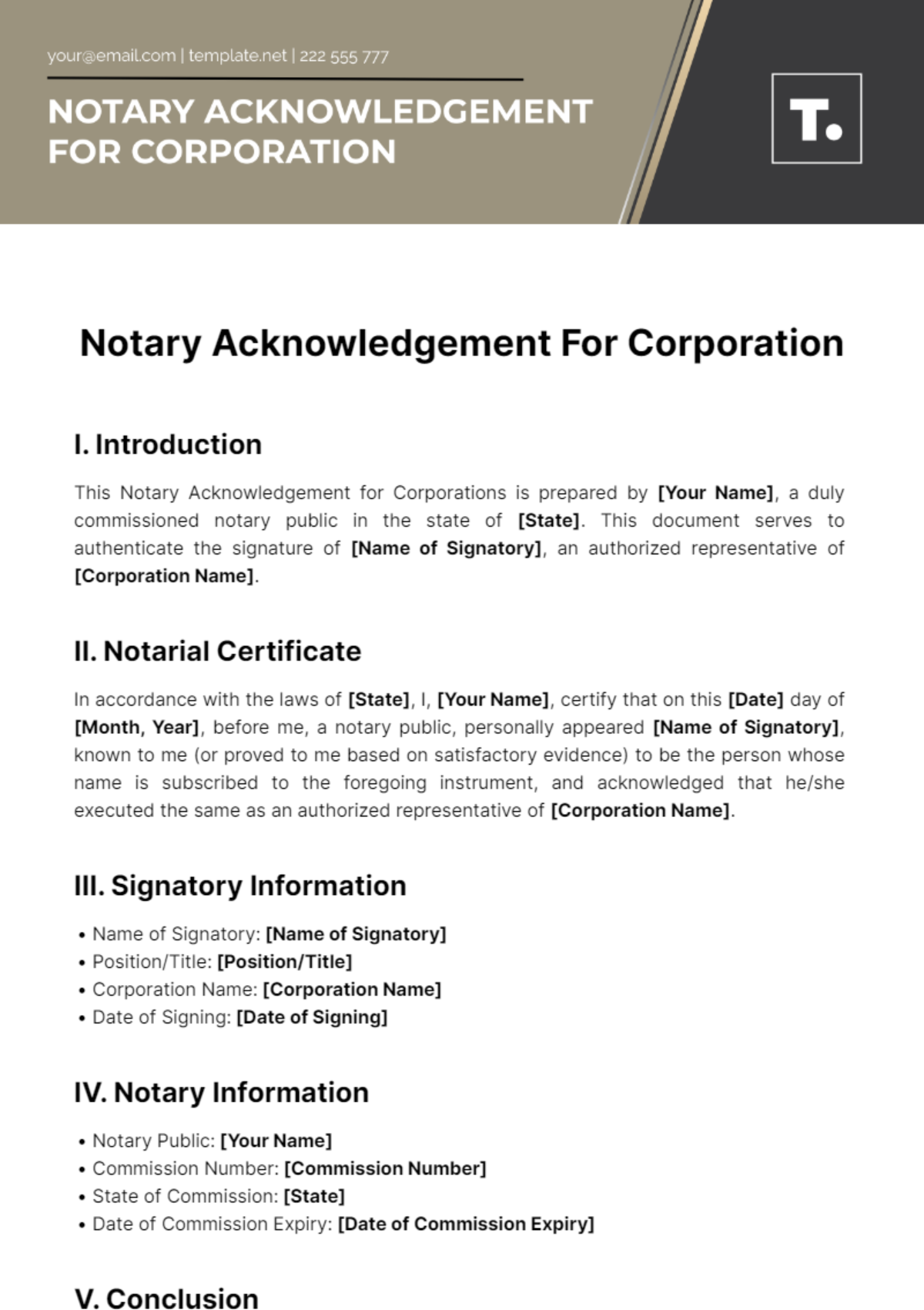 Notary Acknowledgement For Corporation Template