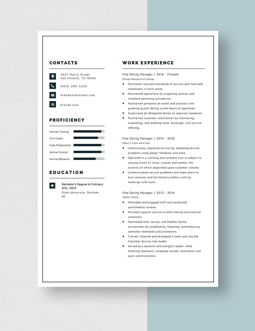 Fine Dining Manager Resume