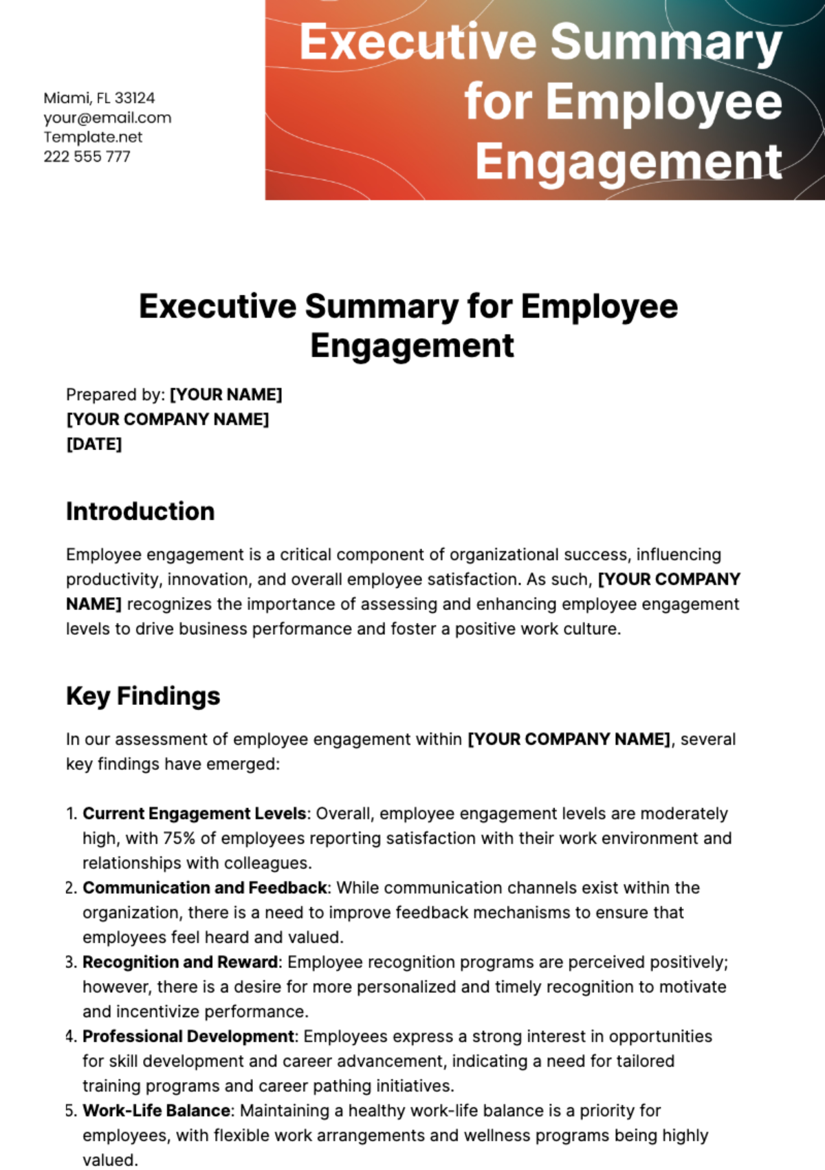 Executive Summary for Employee Engagement Template - Edit Online & Download