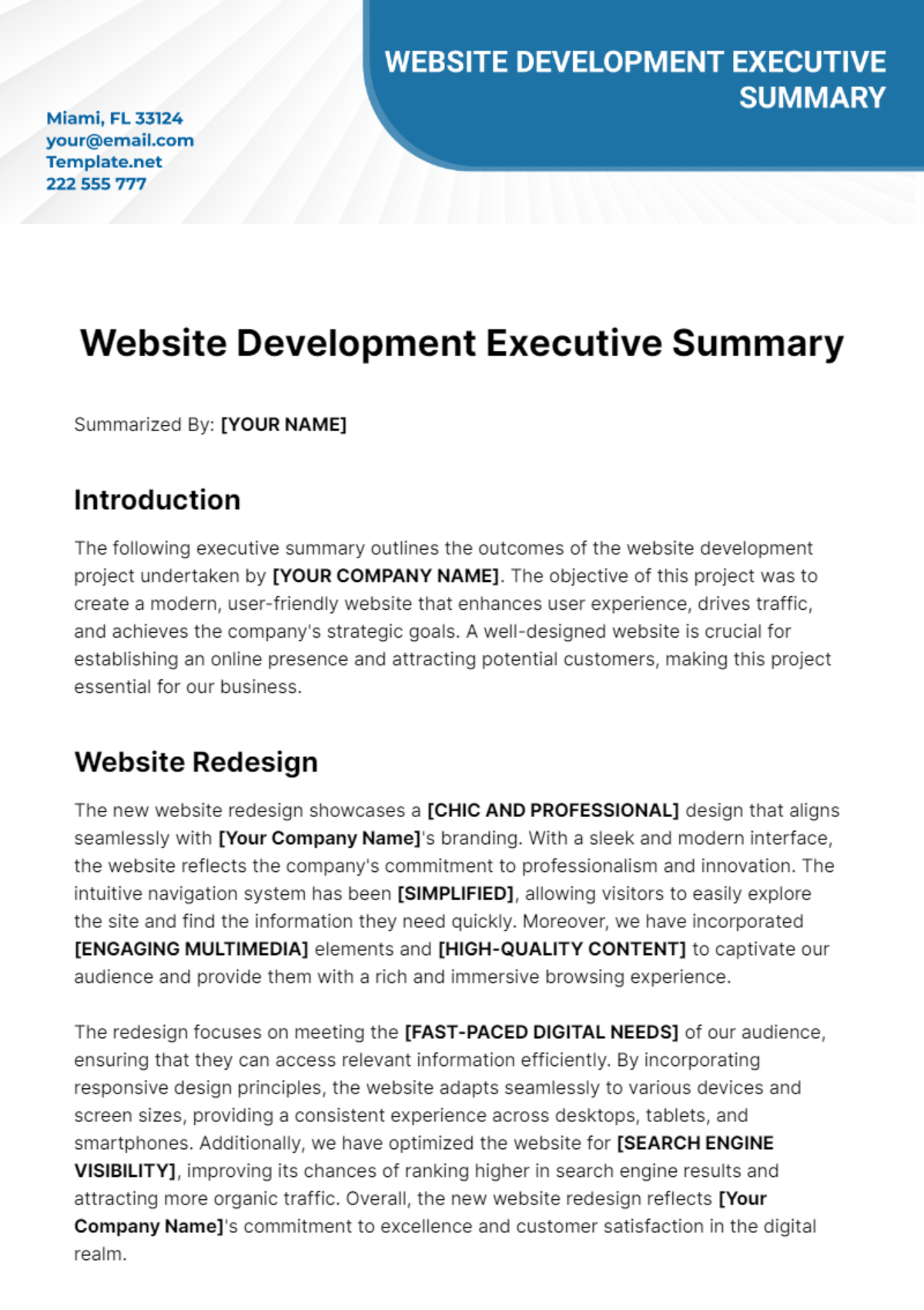 Website Development Executive Summary Template