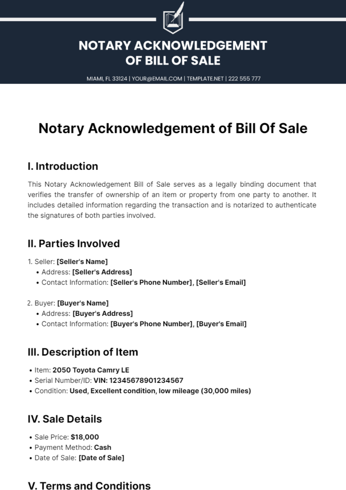 Notary Acknowledgement Bill Of Sale Template