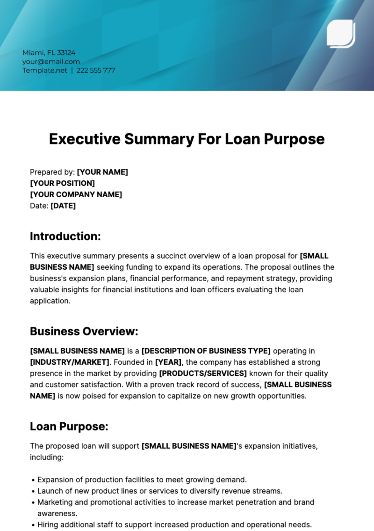 Executive Summary For Loan Proposal Template - Edit Online & Download