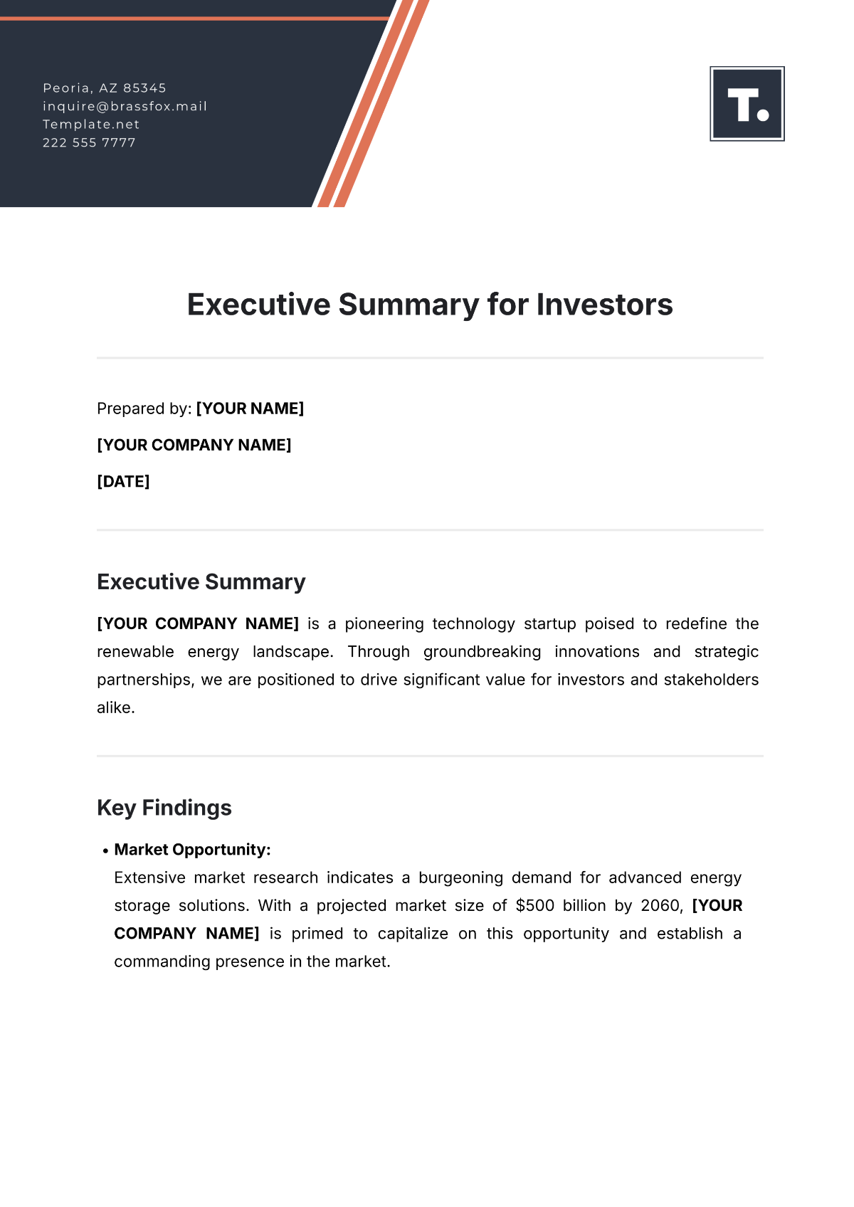 Executive Summary for Investors Template - Edit Online & Download