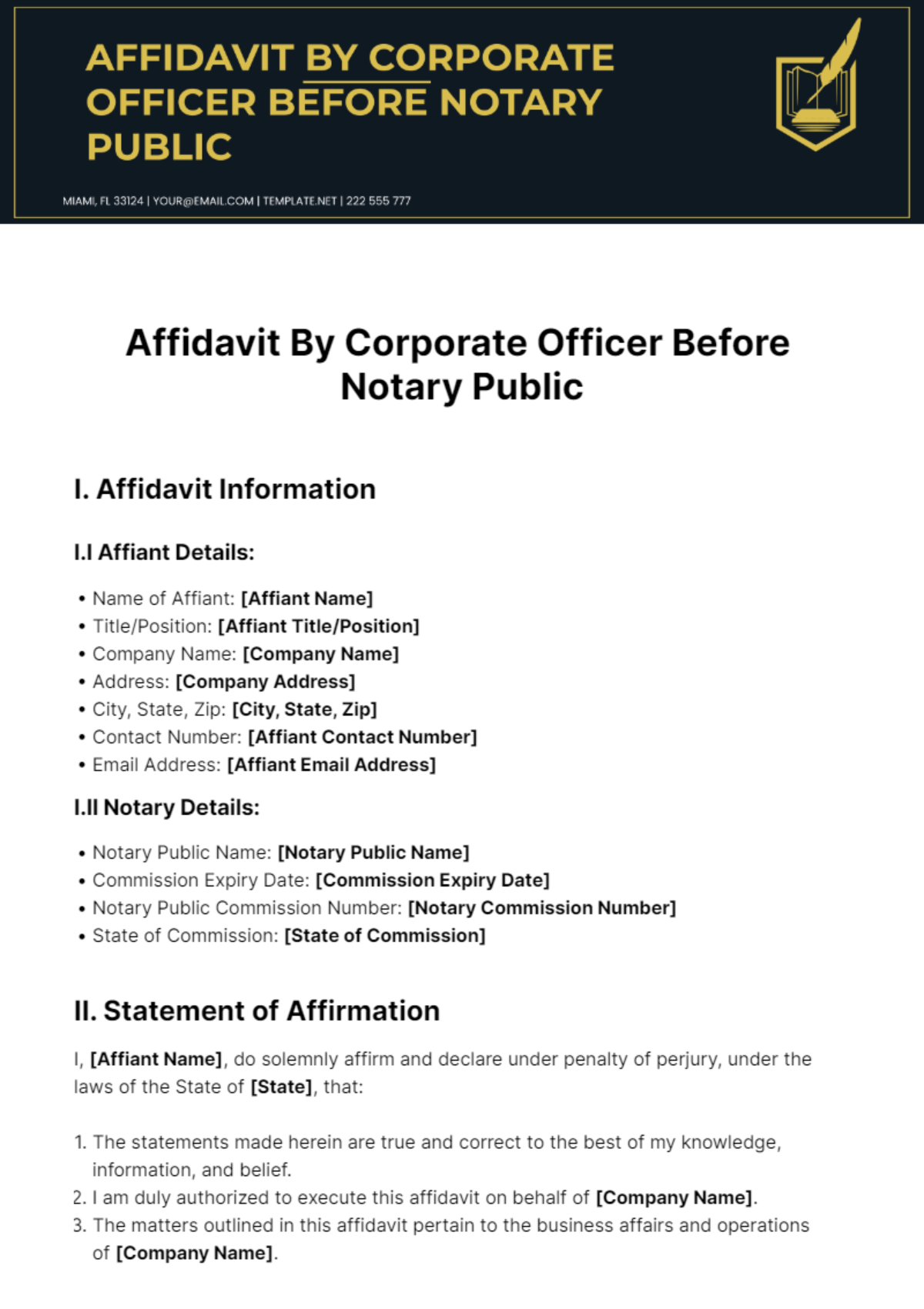 Affidavit By Corporate Officer Before Notary Public Template