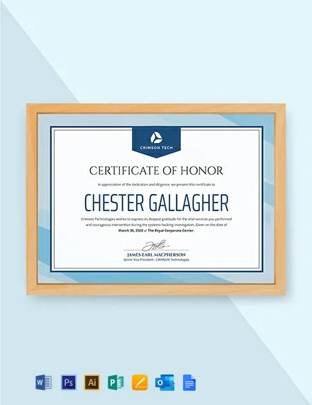 Honouring Certificate Template - Google Docs, Illustrator, Word, Outlook, Apple Pages, PSD, Publisher