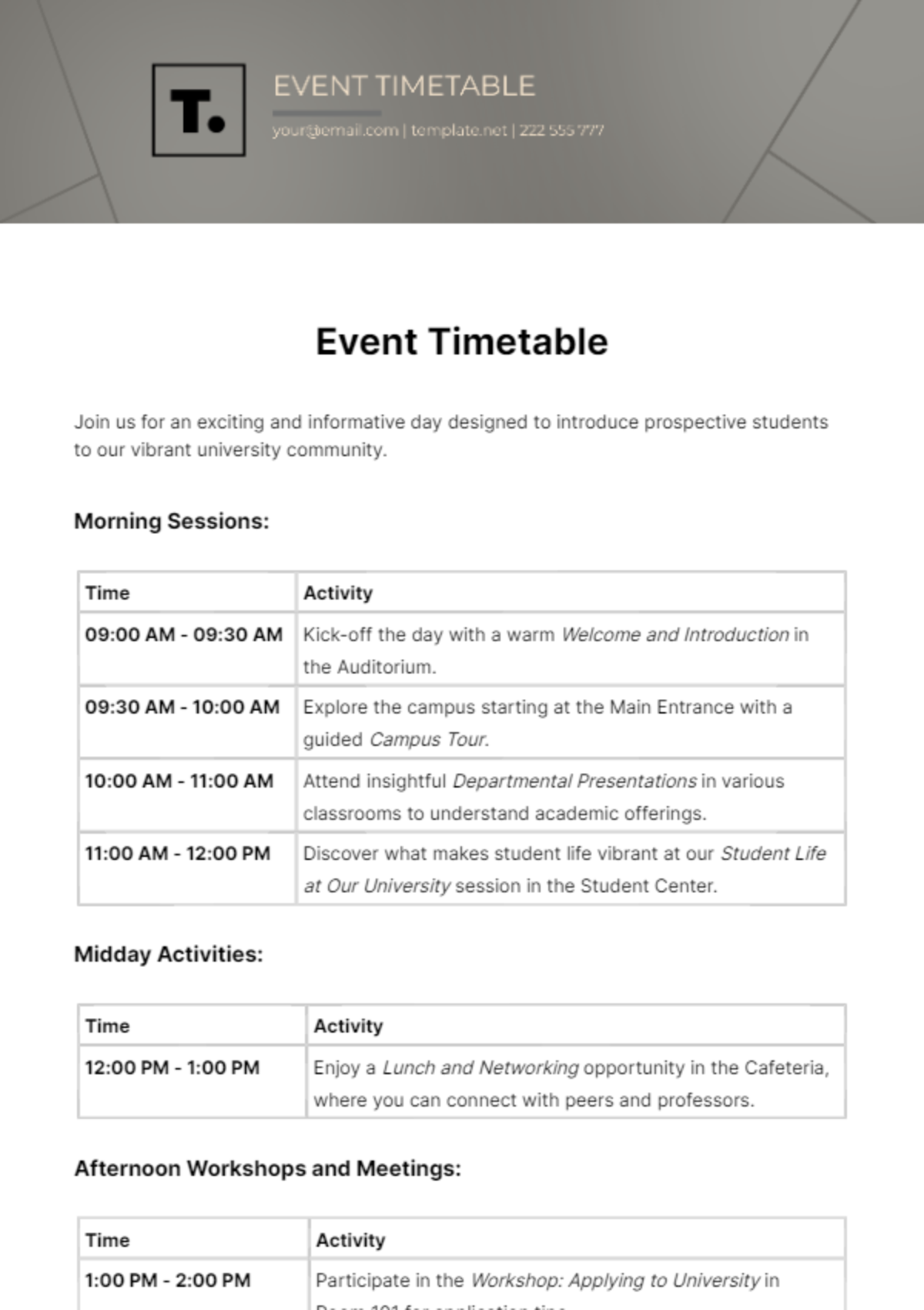 Event Timetable Template