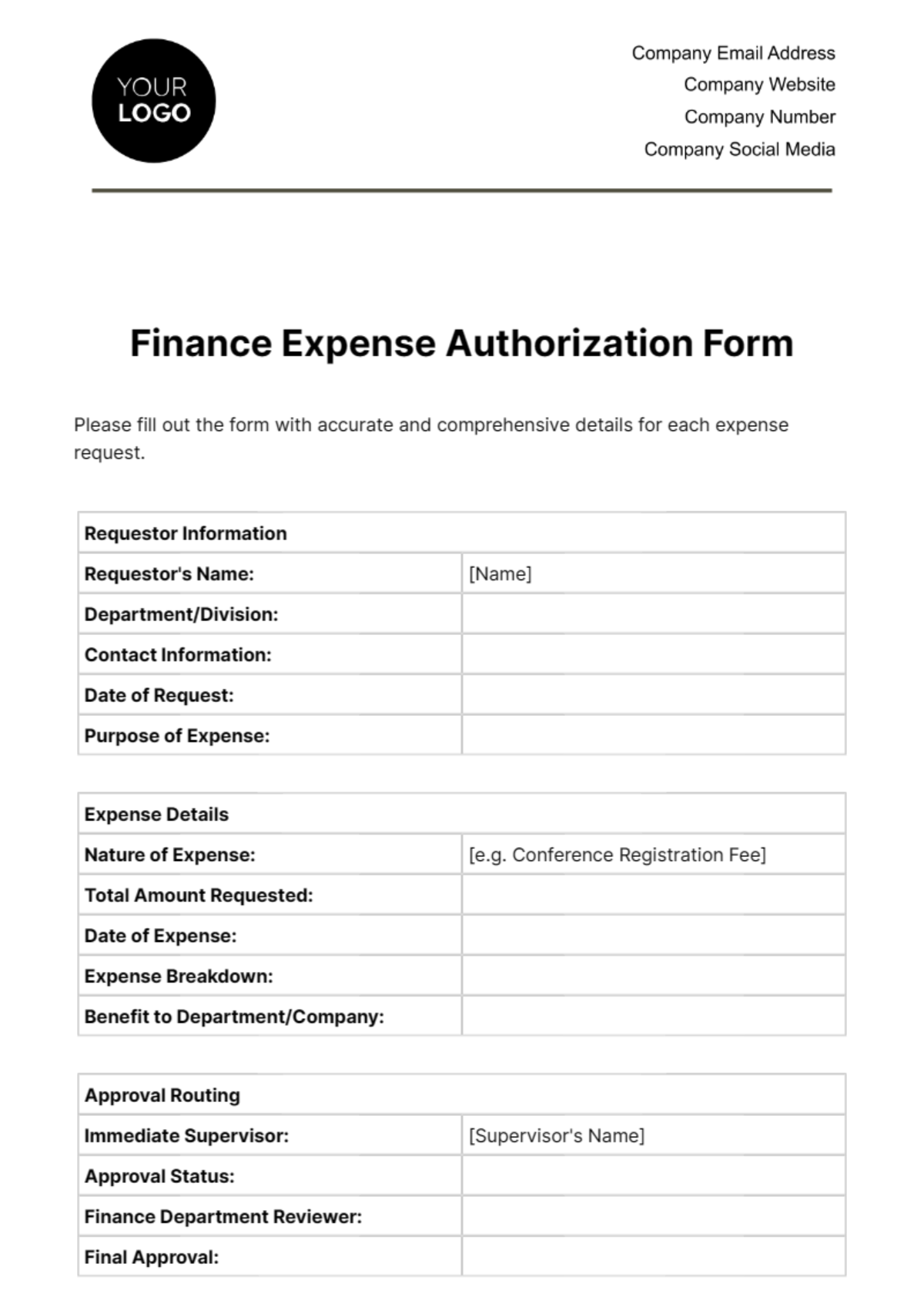 Free Finance Expense Authorization Form Template