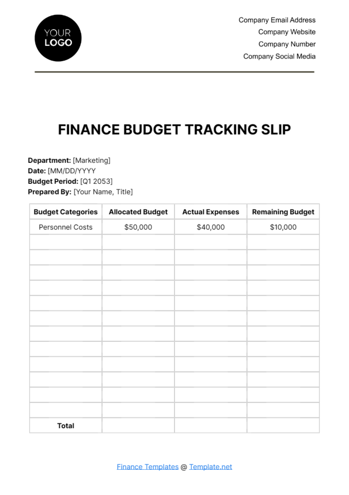 Free Finance Budget Tracking Slip Template
