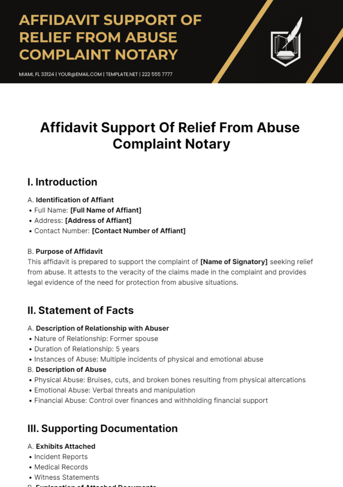 Affidavit Support Of Relief From Abuse Complaint Notary Template