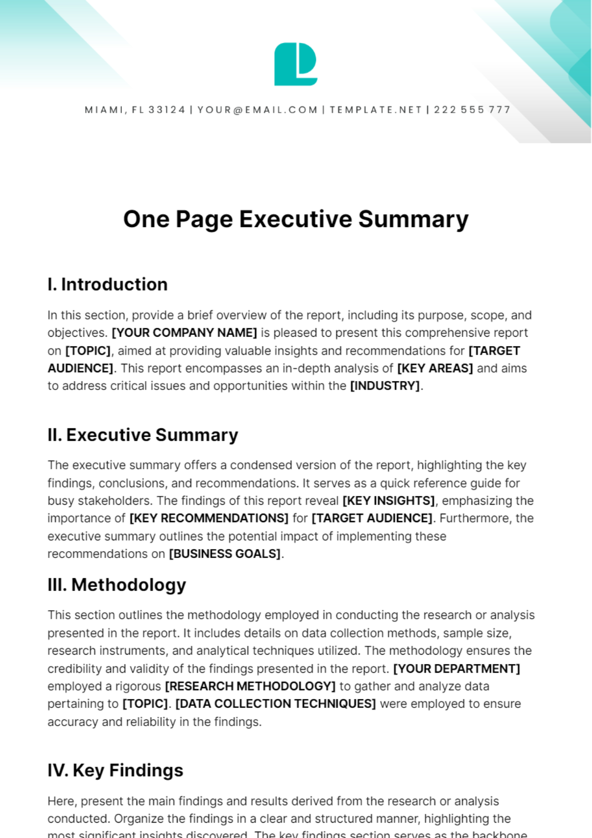 One Page Executive Summary Template