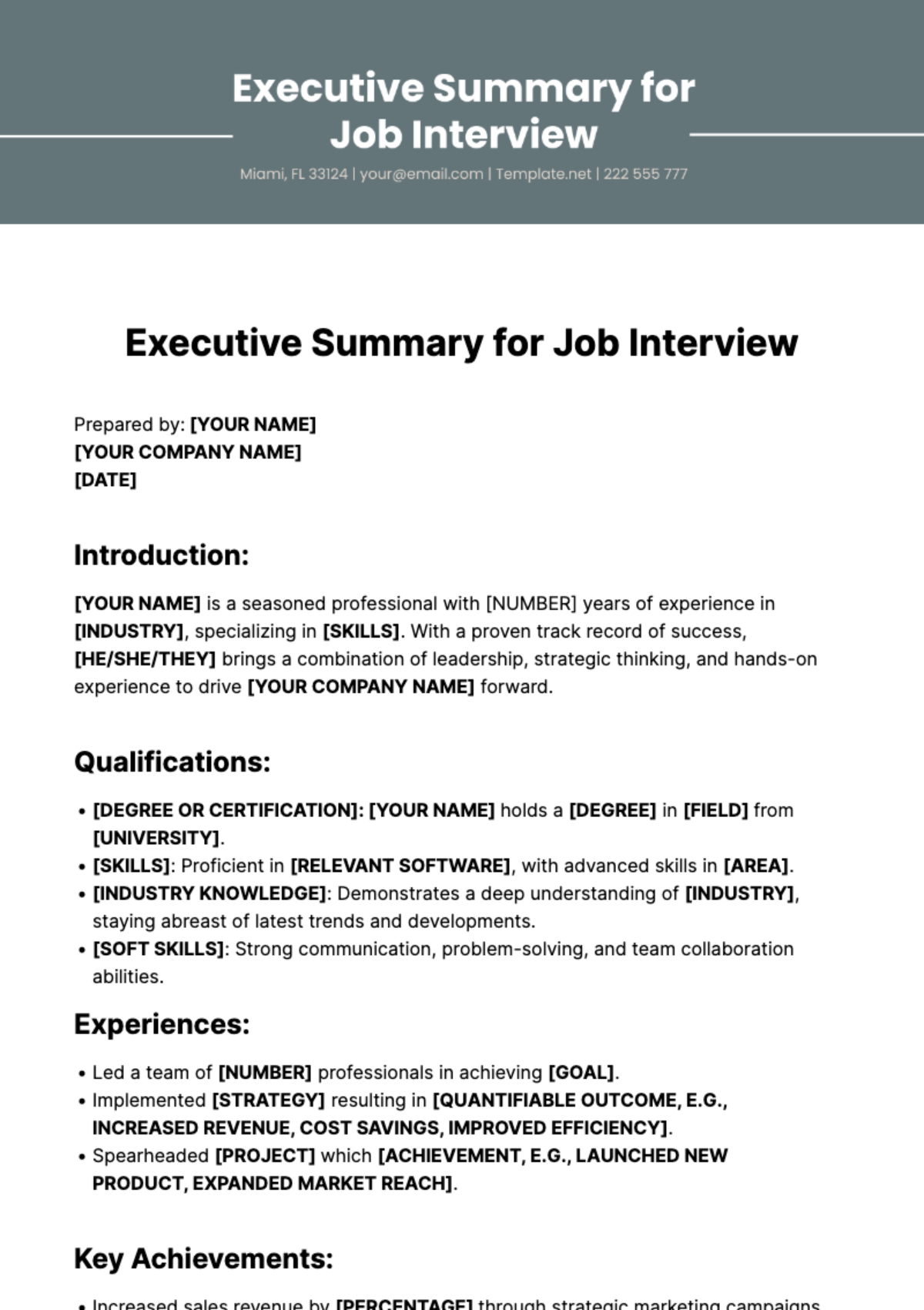 Executive Summary for Job Interview Template - Edit Online & Download