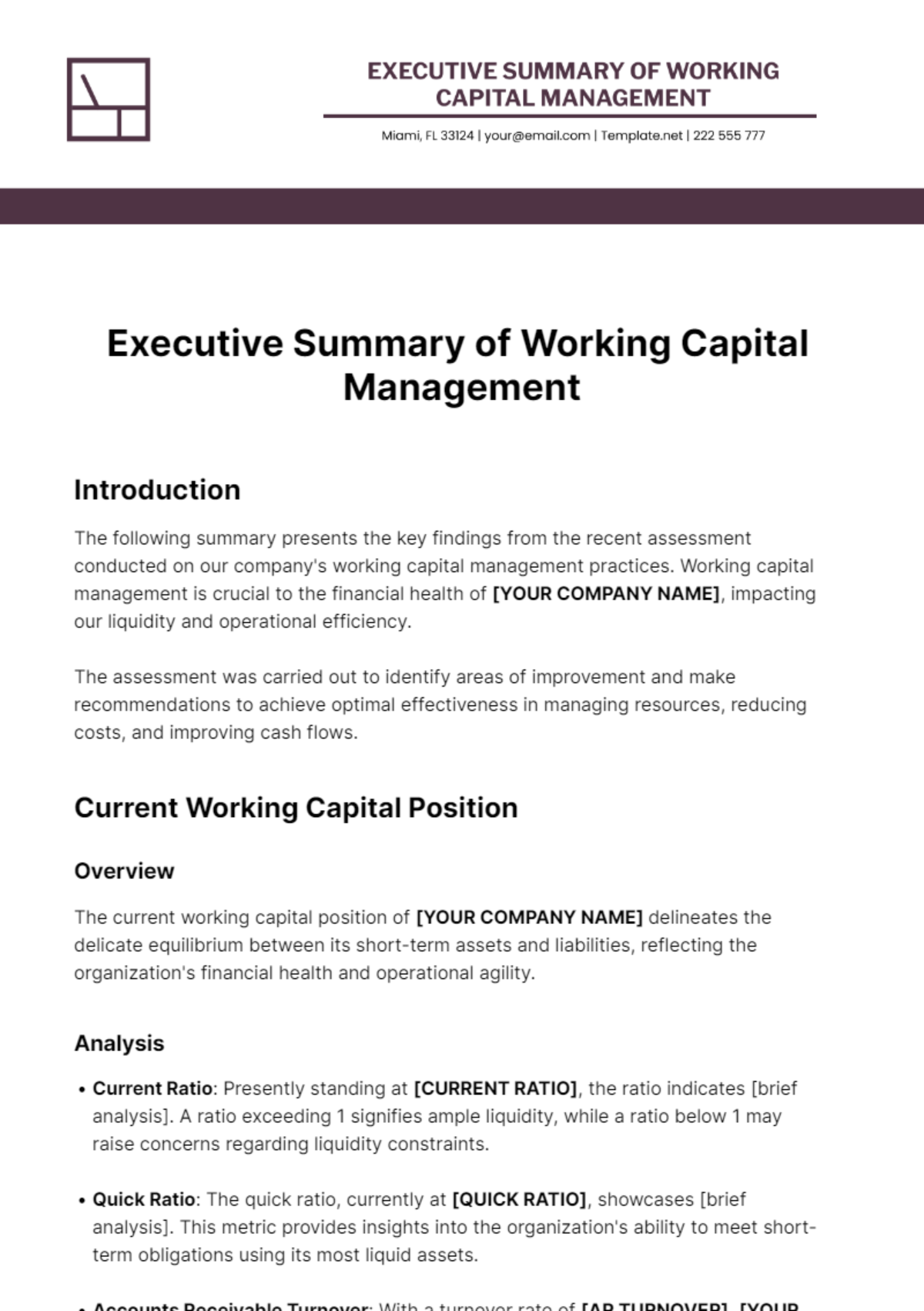 Executive Summary of Working Capital Management Template