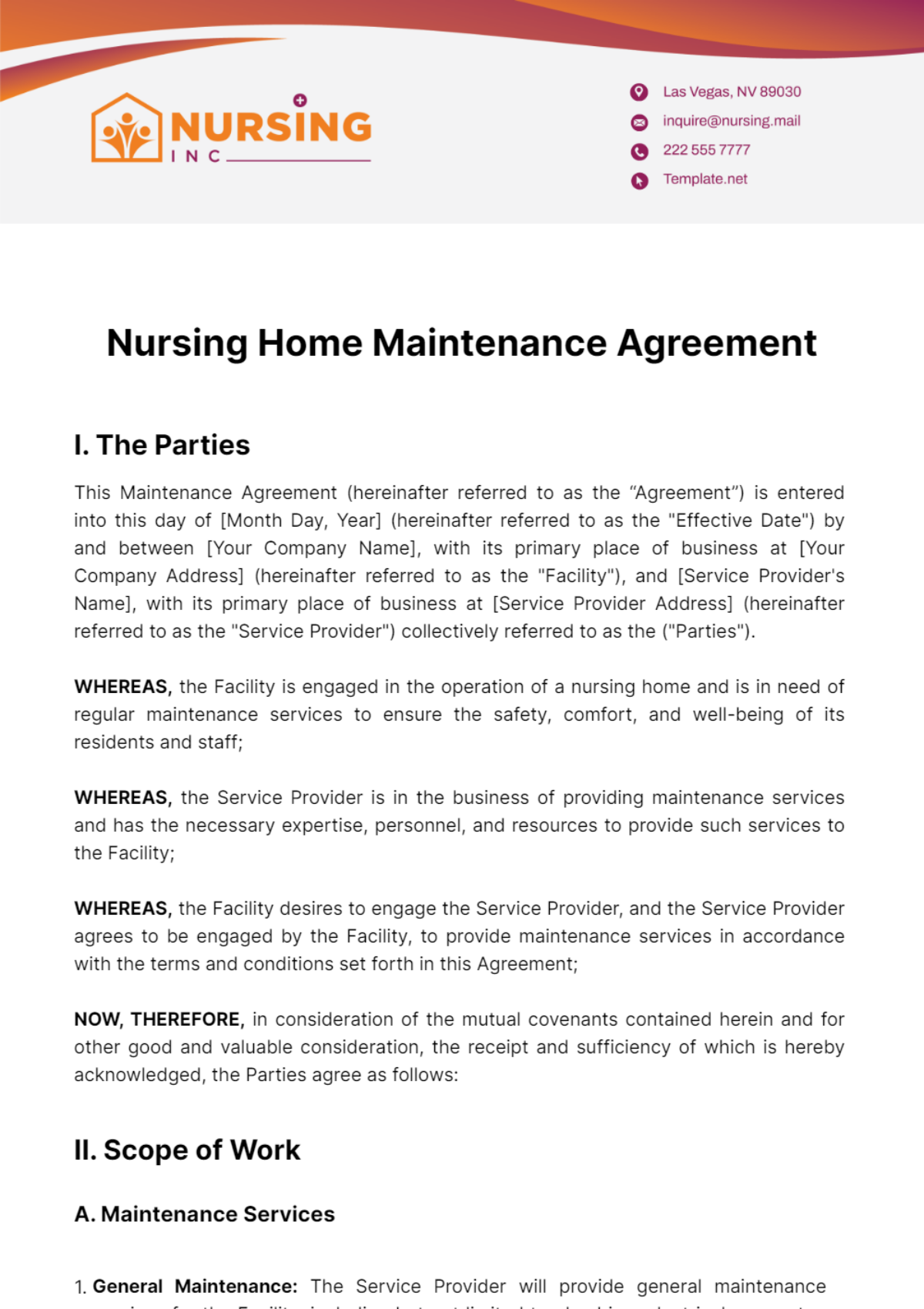 Nursing Home Maintenance Agreement Template