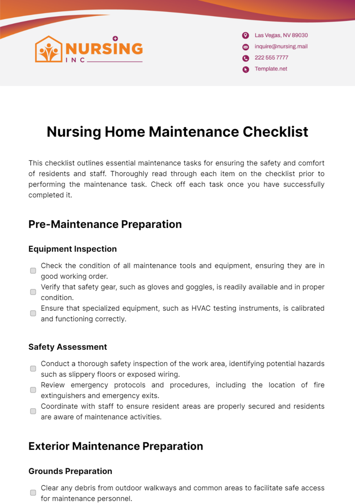 Nursing Home Maintenance Checklist Template