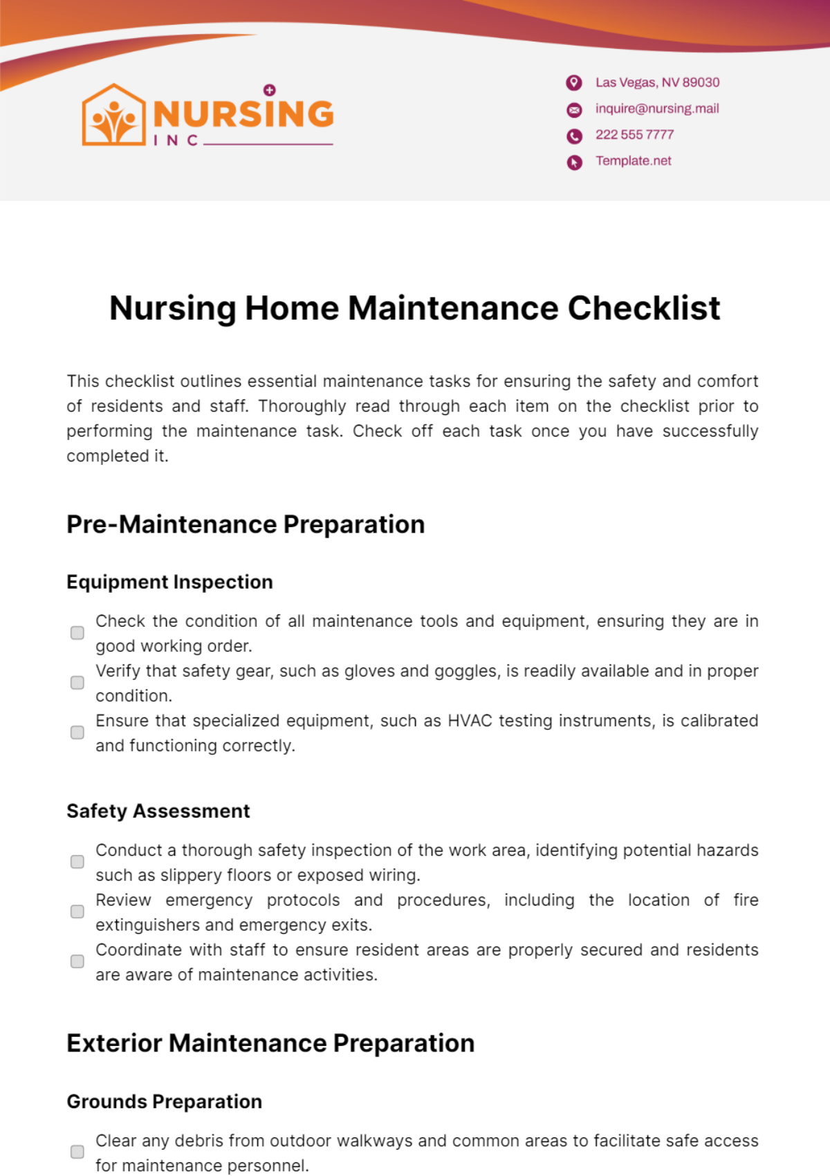 Nursing Home Maintenance Checklist Template - Edit Online & Download