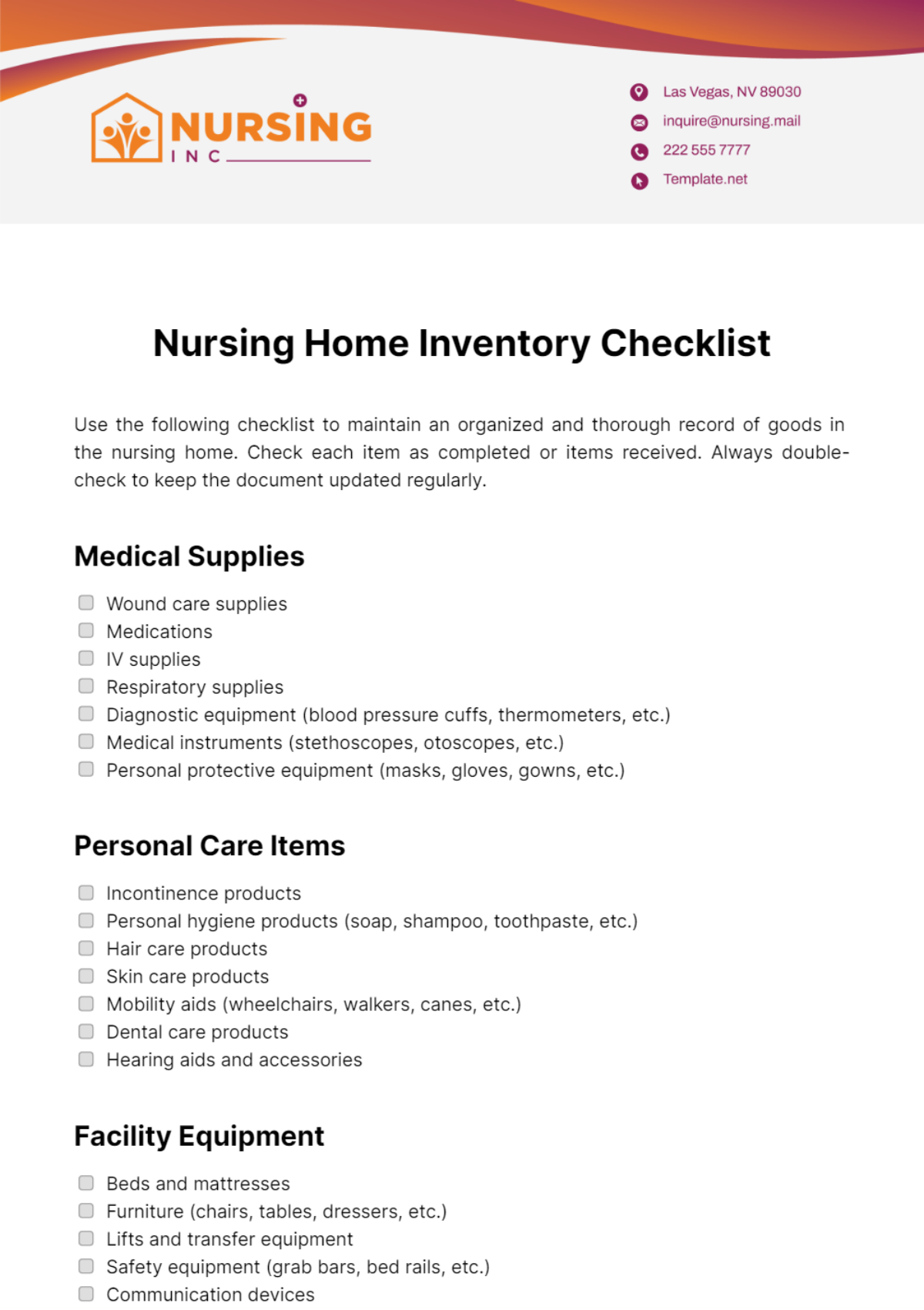Nursing Home Inventory Checklist Template