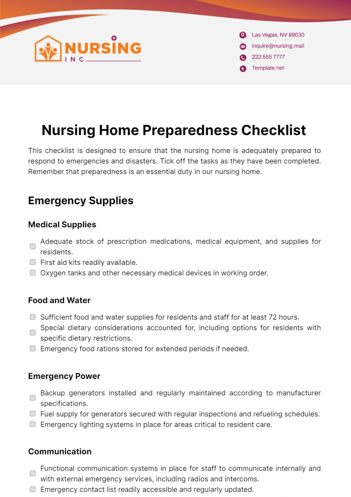 Nursing Home Preparedness Checklist Template