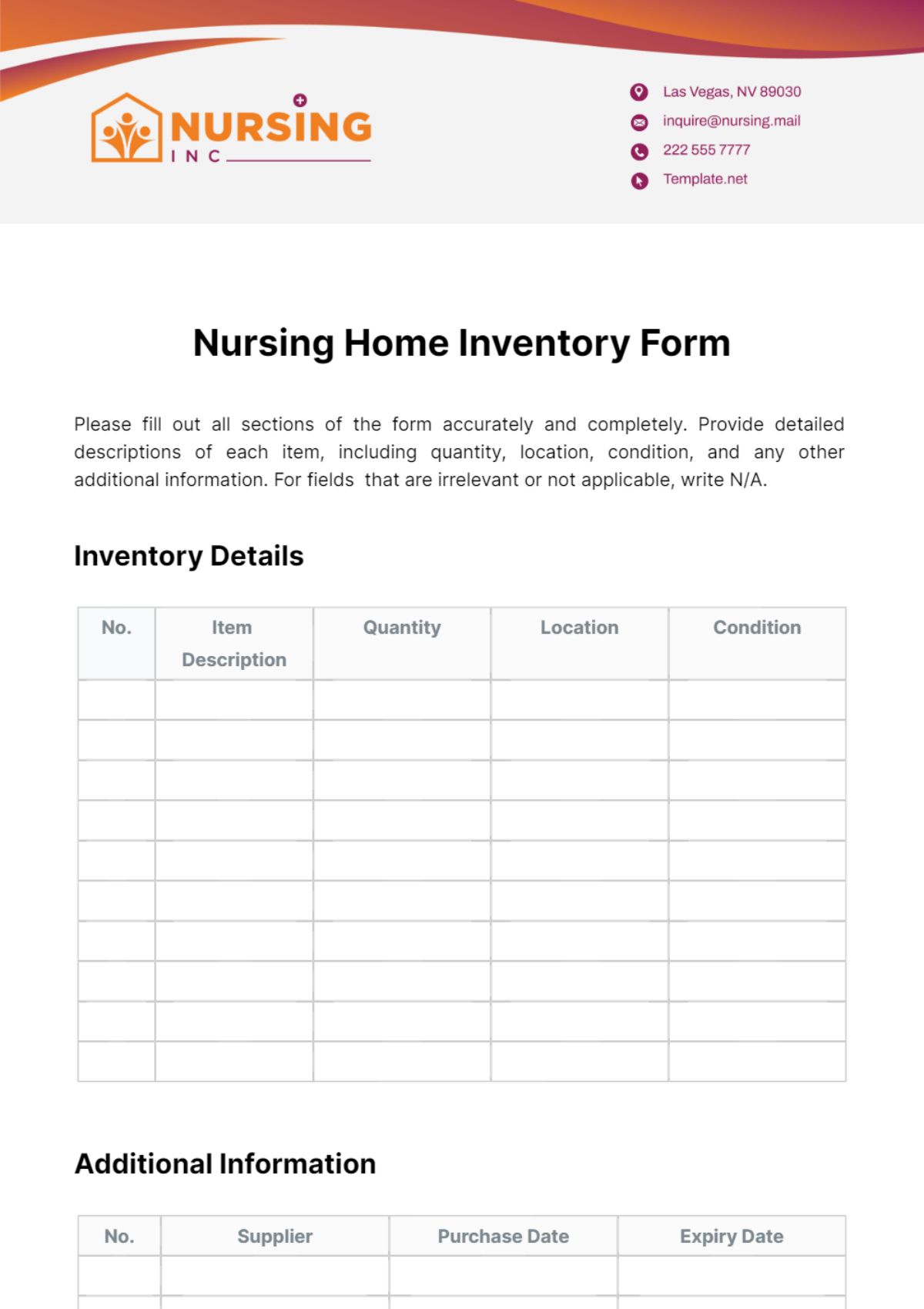 Nursing Home Inventory Form Template