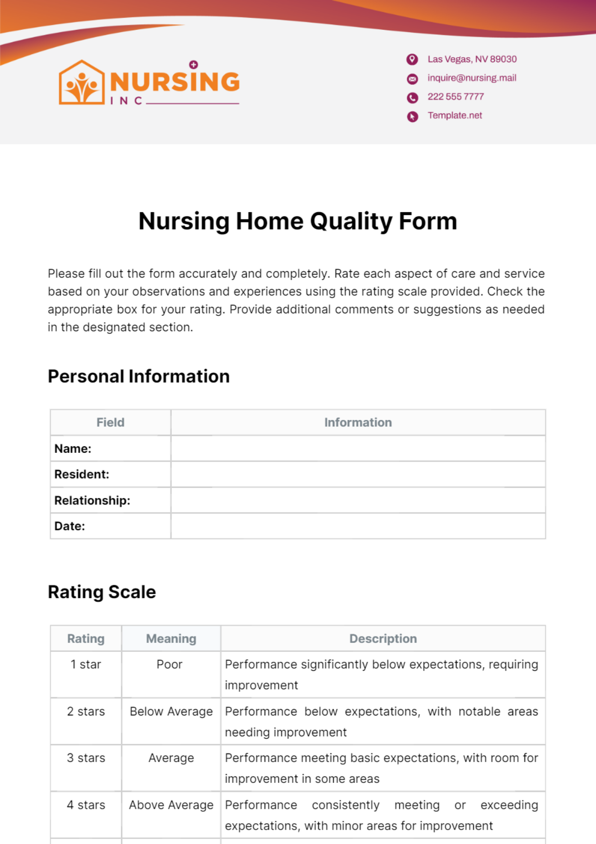 Nursing Home Quality Form Template