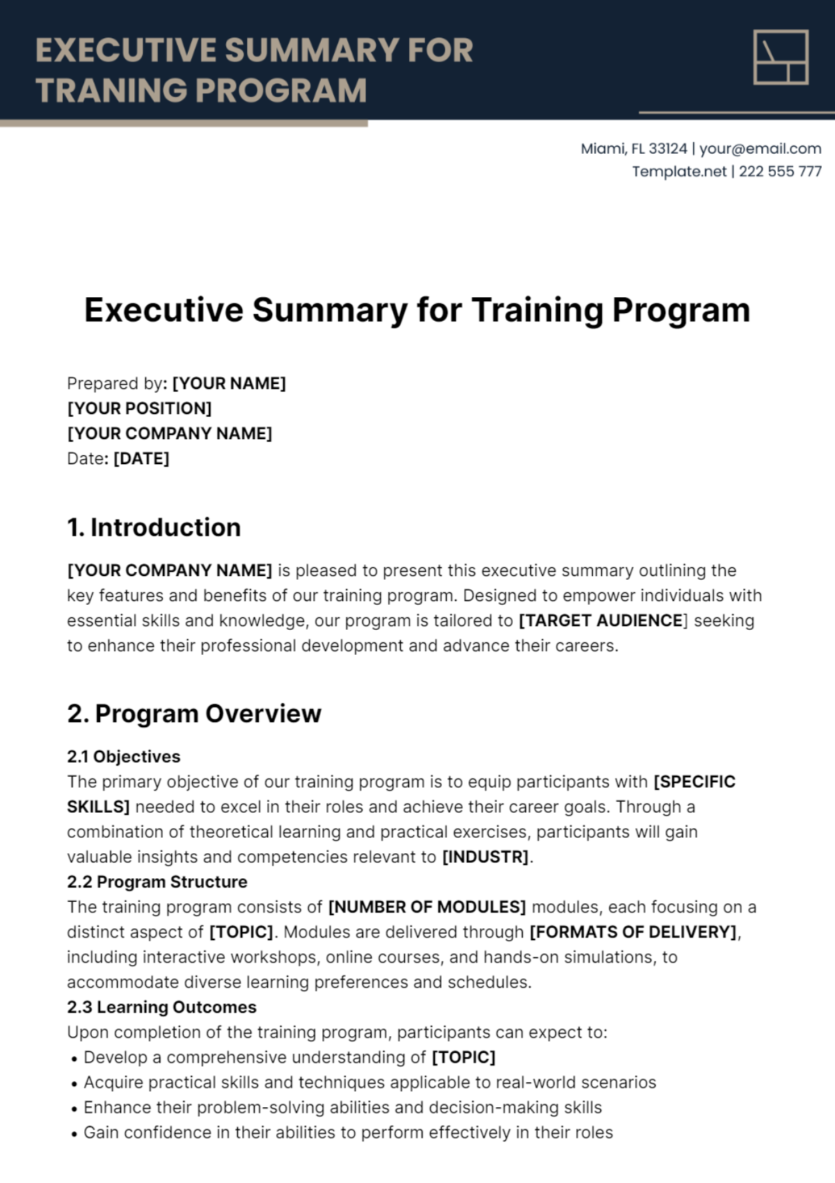 Executive Summary For Training Program Template