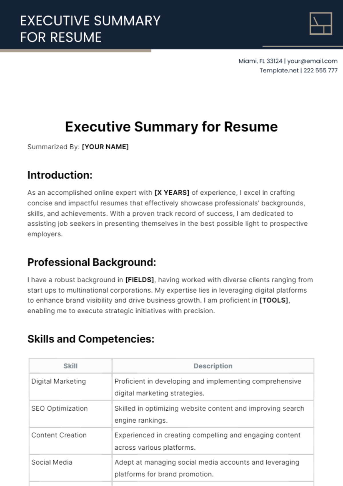 Executive Summary for Resume Template