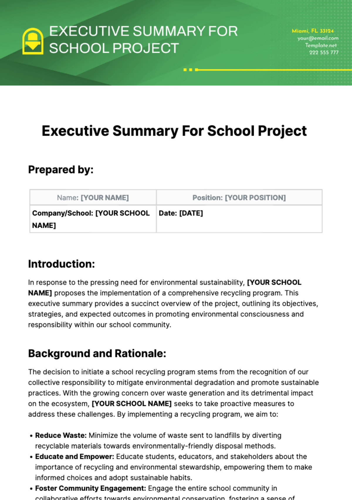 Executive Summary For School Project Template - Edit Online & Download