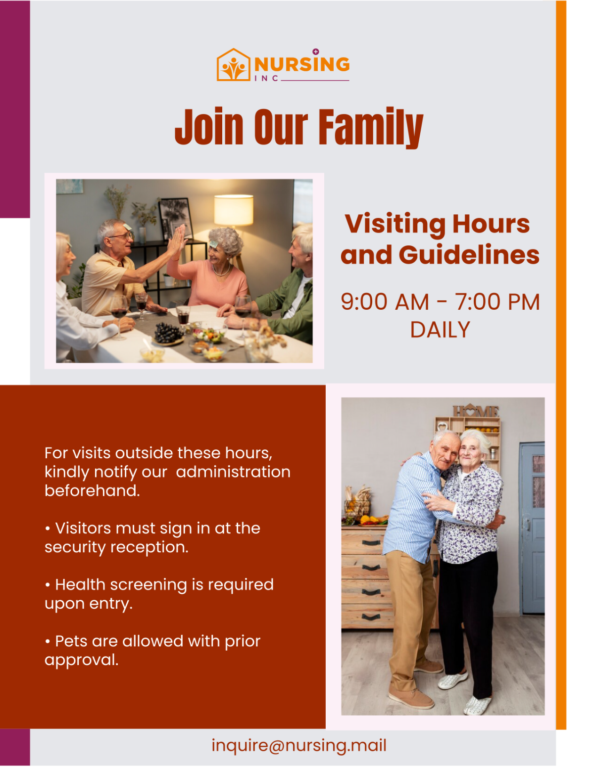 Free Join Our Family: Visiting Hours and Guidelines Poster Template