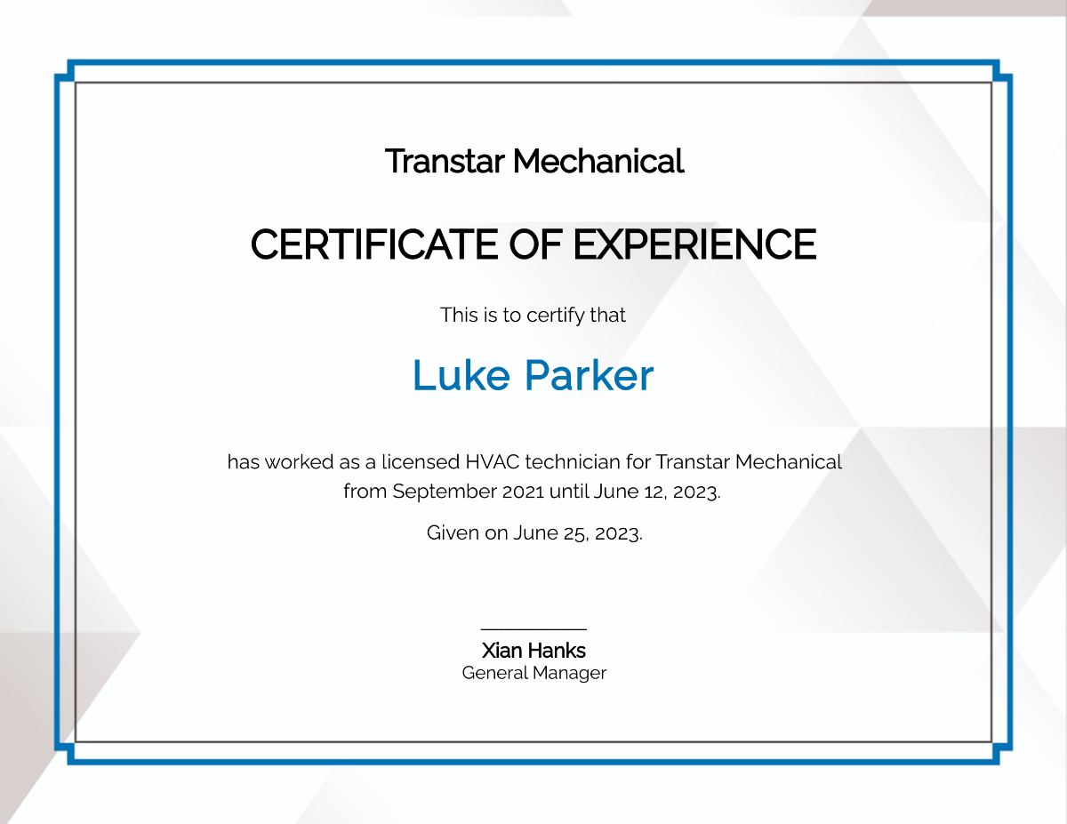 HVAC Experience Certificate Template