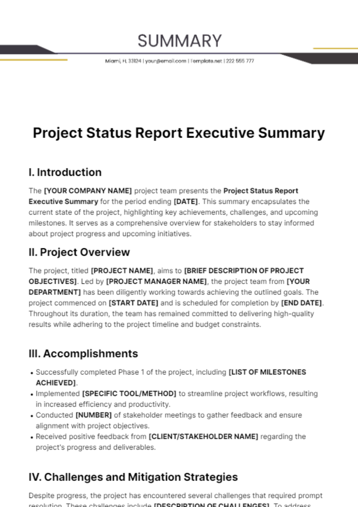 Project Status Report Executive Summary Template