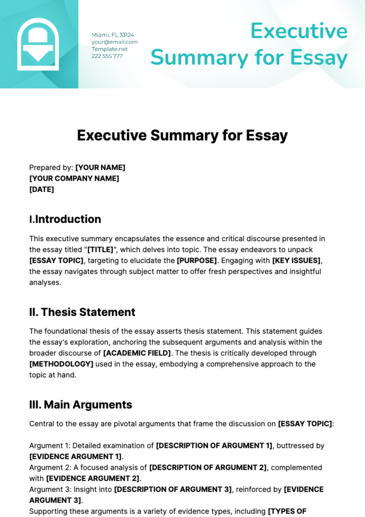 Executive Summary for Essay Template - Edit Online & Download