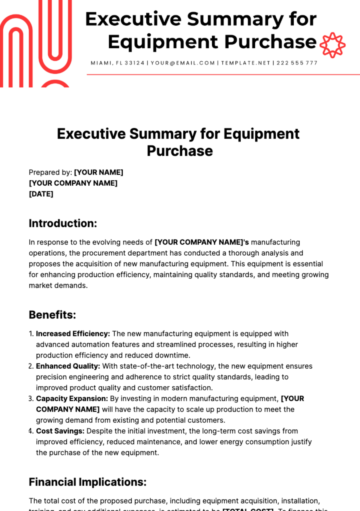 Executive Summary for Equipment Purchase Template - Edit Online & Download