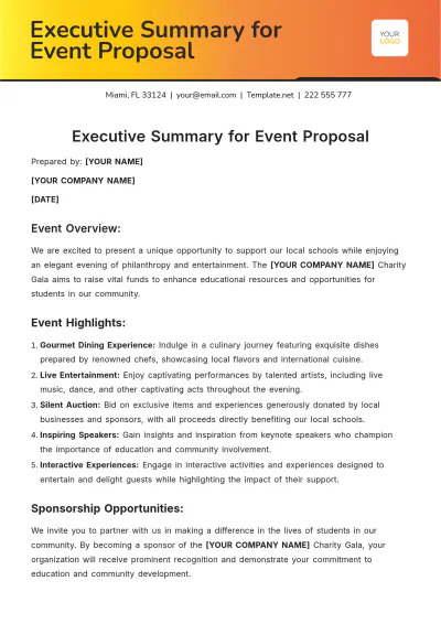 Free Executive Summary for Event Proposal Template to Edit Online