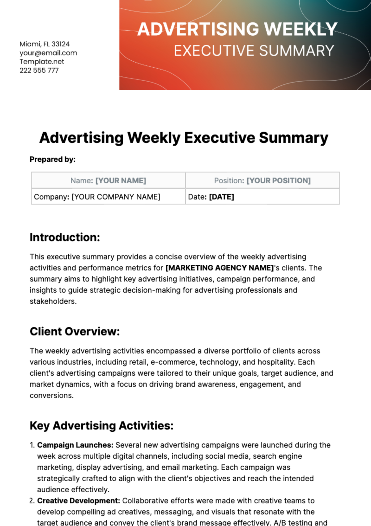 Advertising Weekly Executive Summary Template - Edit Online & Download