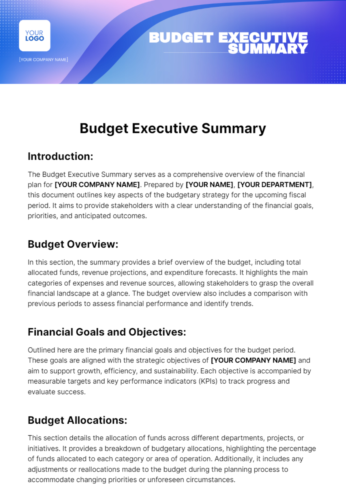 Budget Executive Summary Template - Edit Online & Download