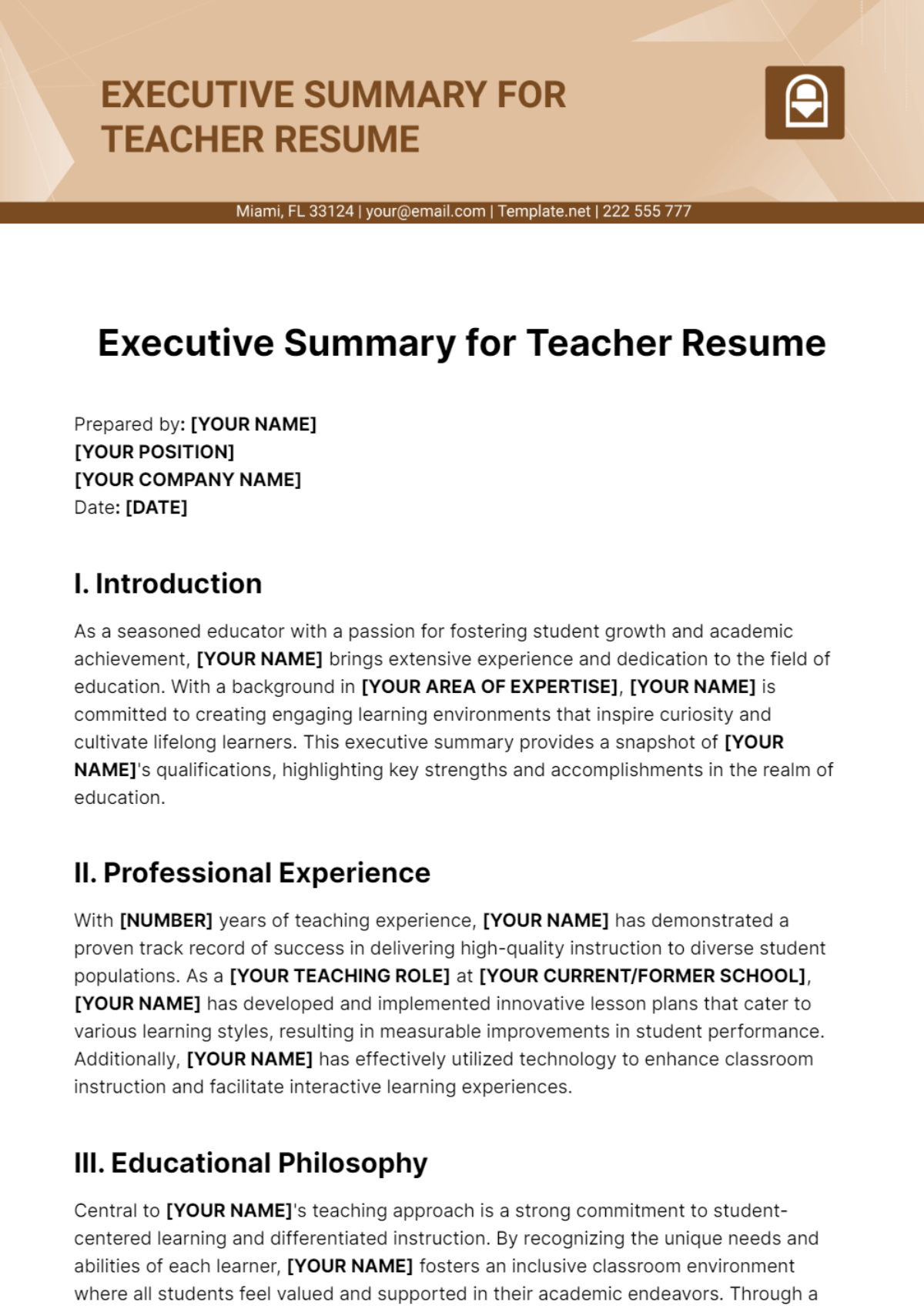 Executive Summary for Teacher Resume Template - Edit Online & Download