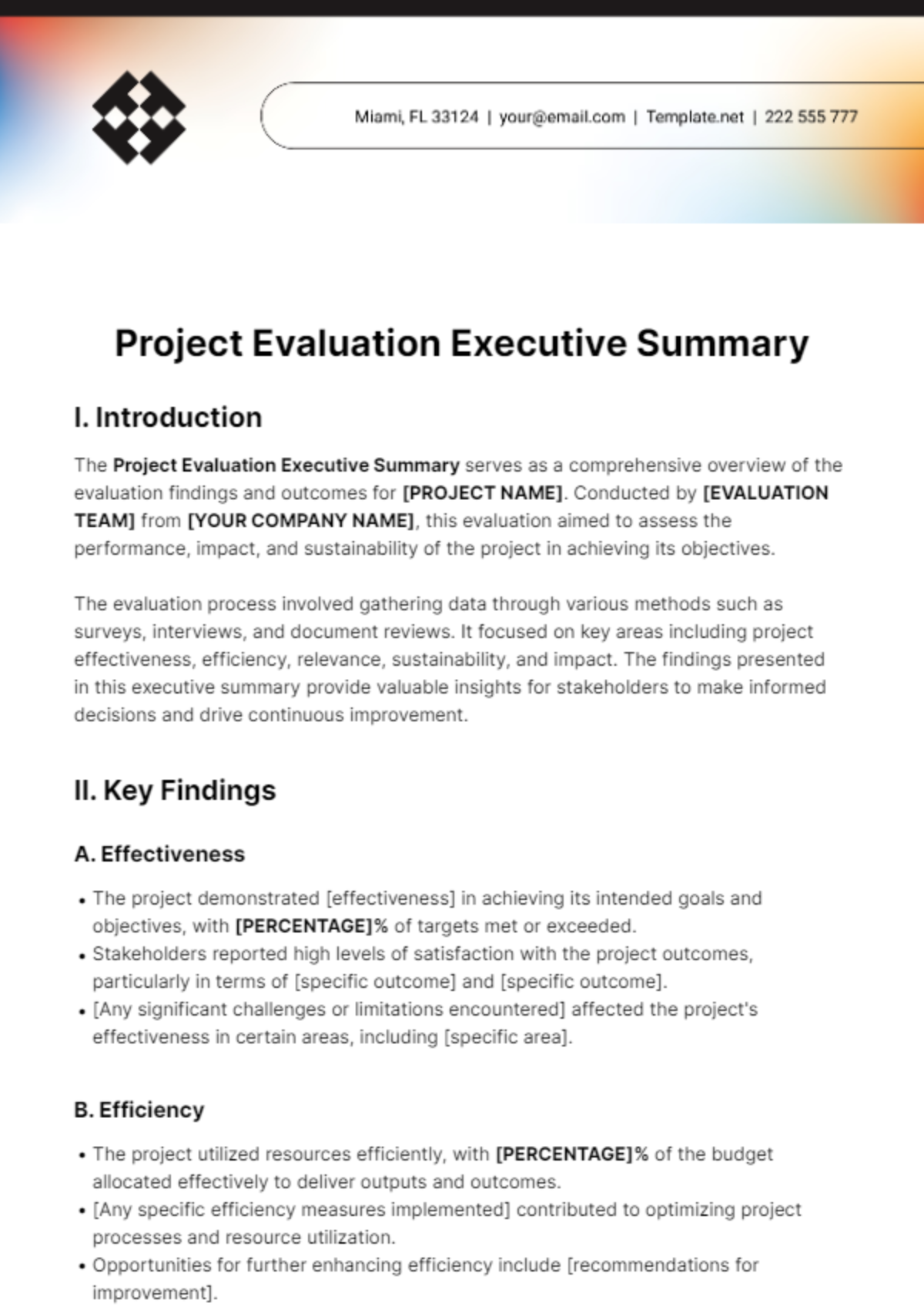 Project Evaluation Executive Summary Template
