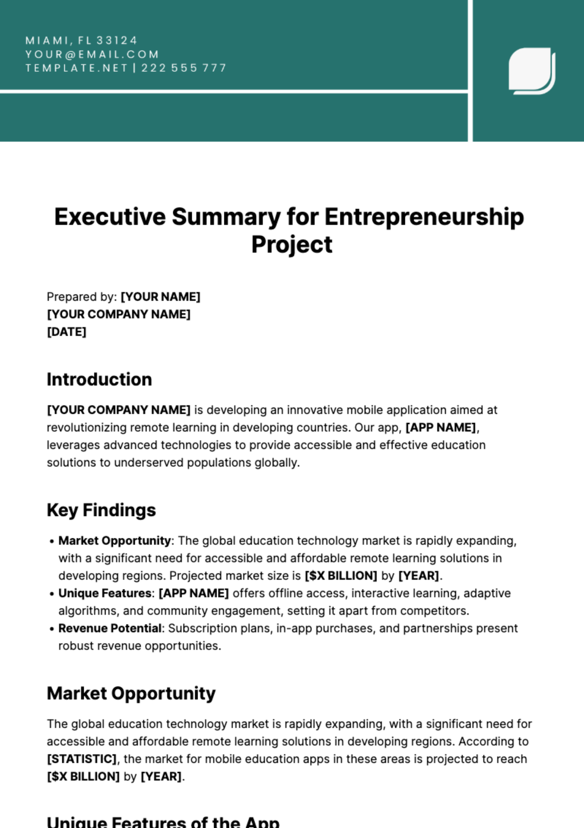 Executive Summary for Entrepreneurship Project Template - Edit Online & Download