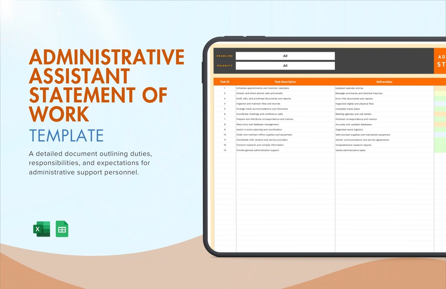 Administrative Assistant Statement of Work Template in Excel, Google Sheets